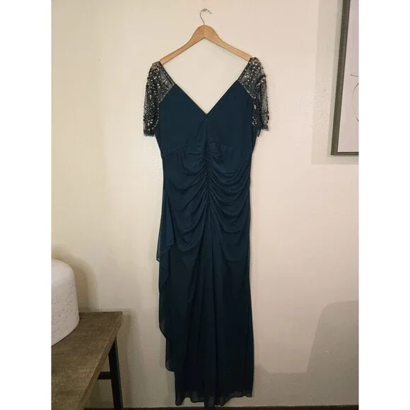 XSCAPE Green Embellished Sheer Matte Jersey Gown Dress Size 18 Ruched Maxi  Long